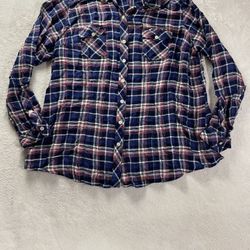 Torrid Plaid Flannel Button-Up Shirt Blue White Pink Size 2 Long Sleeve