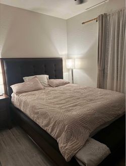 Cagney Upholstered Panel Bed W/ Storage, Dresser, Mirror & Nightstand In Brown,