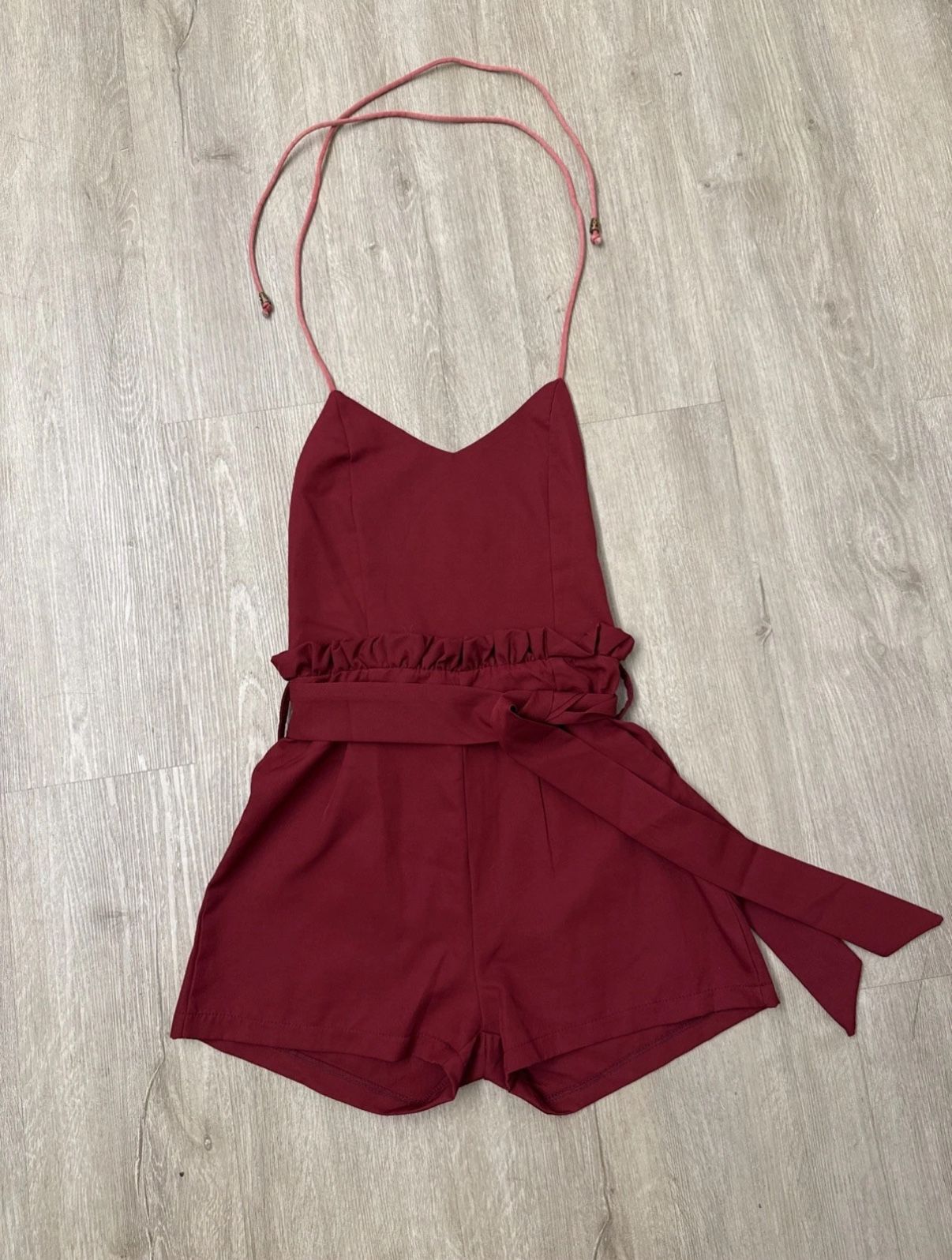 Source of Fashion Burgundy Halter Romper with Belt – Size Small