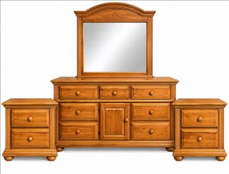 Wooden Bedroom Furniture Set – Dresser with Mirror & 2 Nightstands