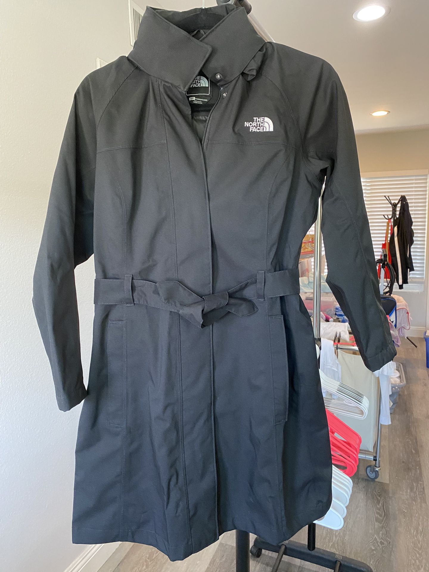 The North Face Long Rain Jacket with Hidden Hoodie under Collar with self fabric belt