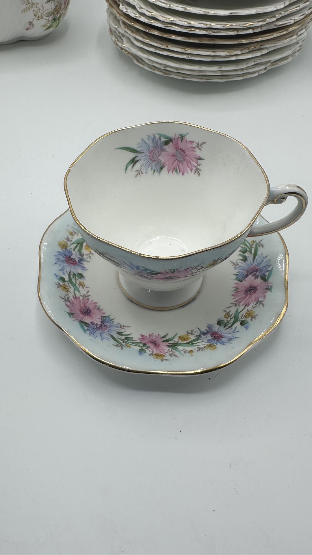 VINTAGE EB FOLEY BONE CHINA ENGLAND BLUE "CORNFLOWER" TEA CUP & SAUCER