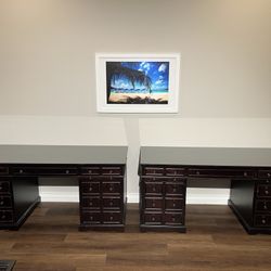 Mahogany Apothecary Office Desks With Glass Tops, And File Cabinets