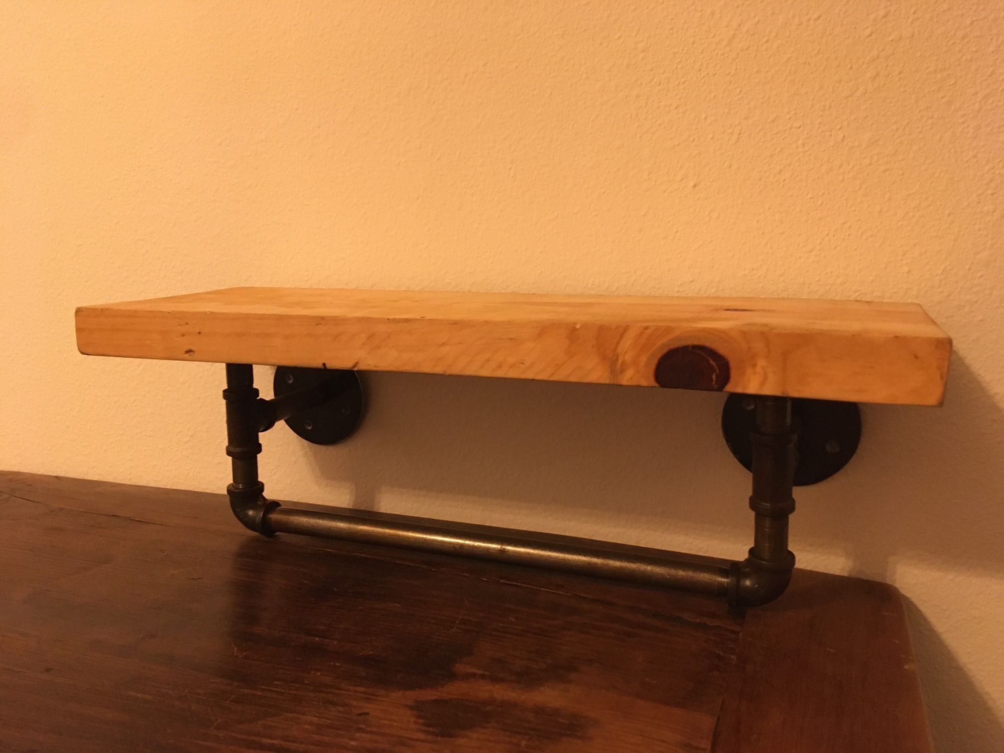 Industrial Style Wood And Metal Pipe Shelf With Hanging Rack