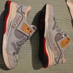 Gucci Silver Gray Glitter Low Top Lace Up Sneakers Logo Colorful