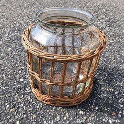 Large vintage planners peanuts 5 cent jar with original wicker basket basket