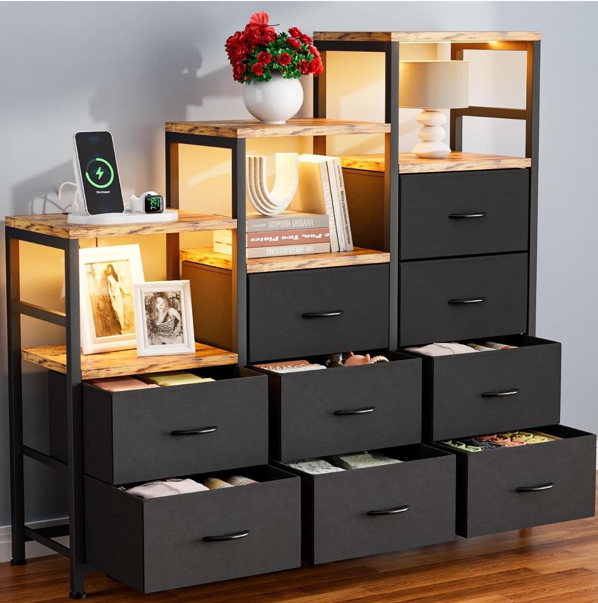 9 Drawers Dresser for Bedroom, Tall Fabric LED Drawers Dresser with Charging Station, Dressers & Chests of Drawers with 3 Shelves, Wide Drawer Organiz