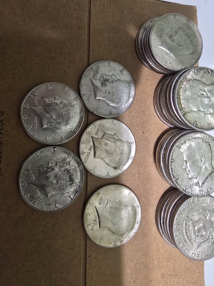 Silver Below Spot. (5) 1964 Kennedy Half Dollars