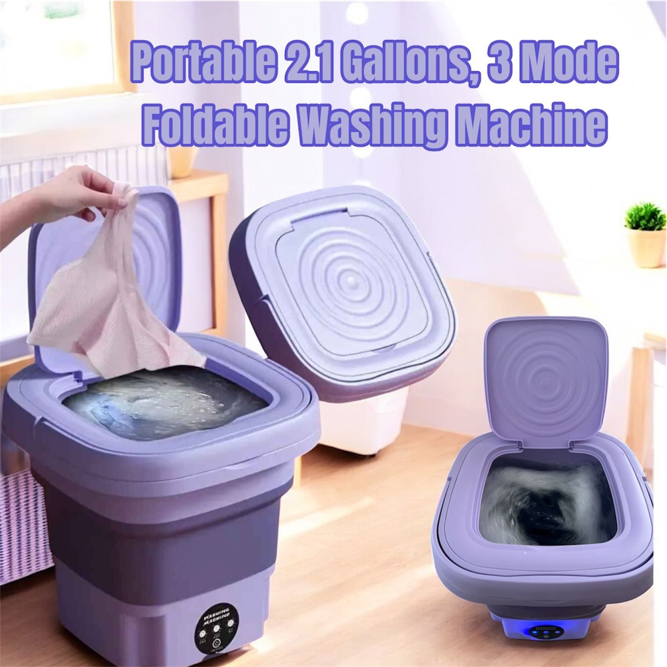 Portable (8L) 2.1gallons 3 Mode Foldable Washing Machine (purple)