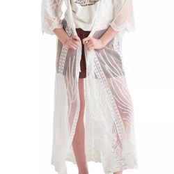 NWT! Black Tape Sheer Embroidered Long White XS Kimono, Cover-Up, Wrap, Retail $69