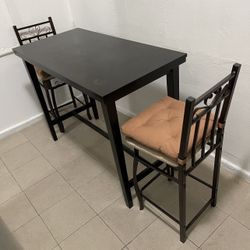 Tall Black Wooden Kitchen Table & 2 tall Aluminum Chair Set