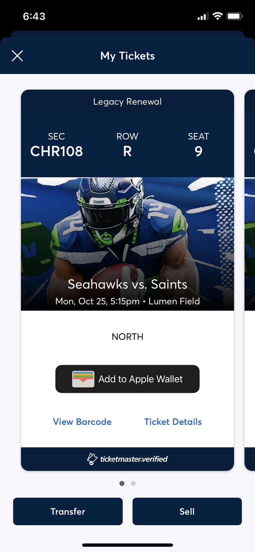 Seahawks vs. Saints Monday Night Football - 40 Yard Line 23 Rows Up