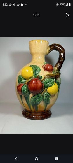 Majolica Style Ceramic Pitcher with Fruit Relief