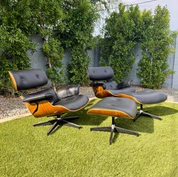 Mid Century Eames Style Lounge Chair in Real Leather and Walnut