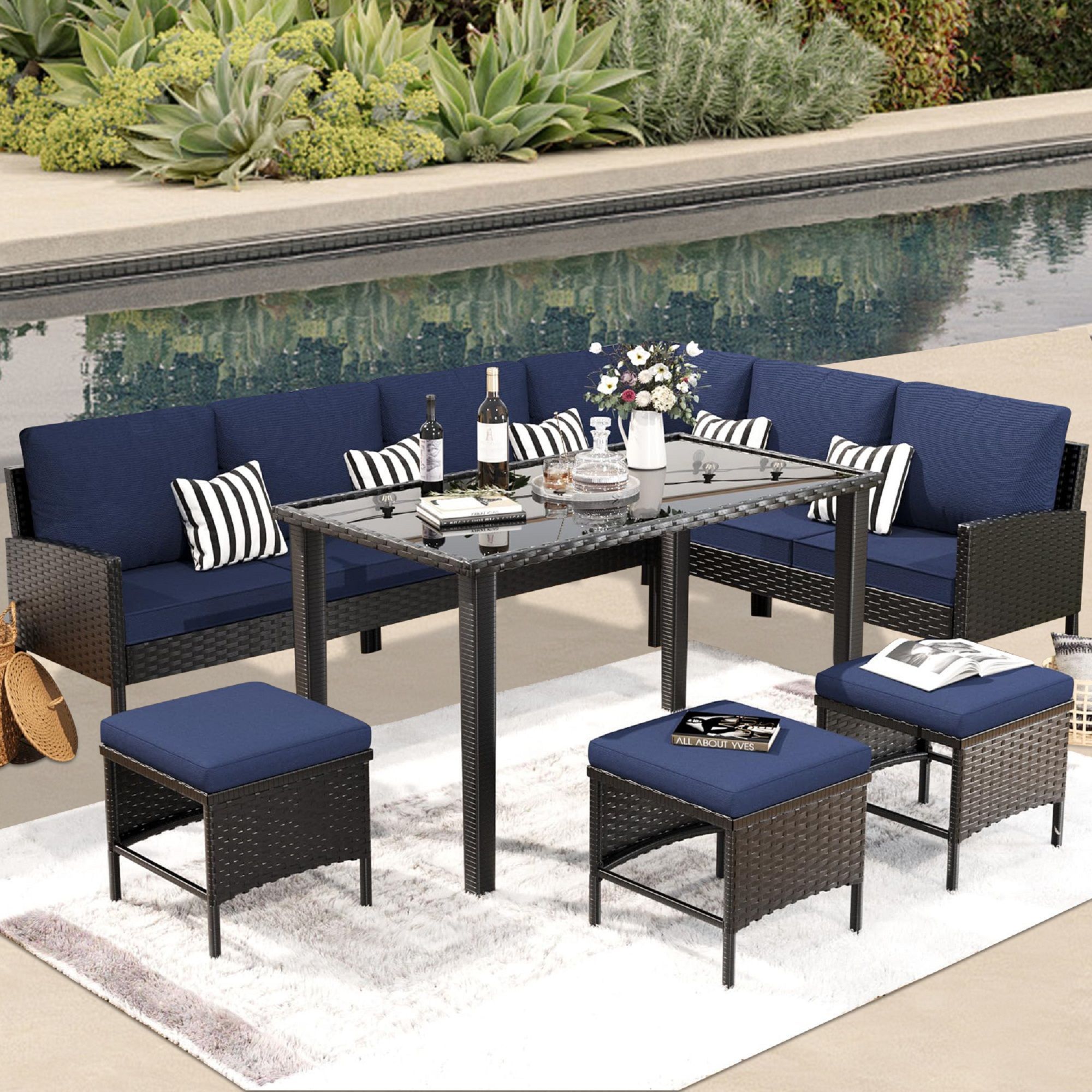 7-Piece Outdoor Furniture Set,outdoor dining table set,Waterproof Cushion,glass table,Modern blue design for backyard, patio or garden
