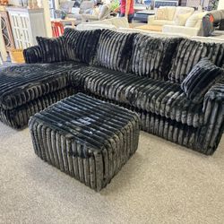 Black Corduroy Sectional With Ottoman And Chaise 