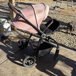 Baby Stroller Light Pink With Brown Leather 