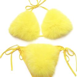 ZOSCGJMY Women Yellow Faux Fur Halter String Triangle Bikini Set 2 Piece 1 Size