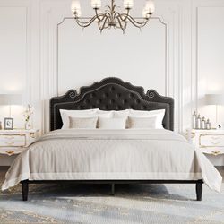 Queen Size Velvet Tufted Crown-Shaped Headboard Platform Bed,3-Level Adjustable Height ,No Box Spring Needed,Underbed Storage,Queen Size,Black