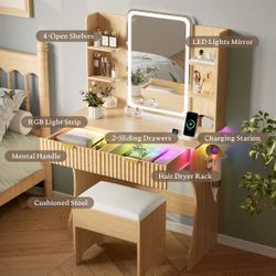 Vanity Desk with Mirror and LED Lights,Small Makeup Vanity Table with Storage Drawers & Chair & Power Outlet,Bedroom Oak Vanity Set