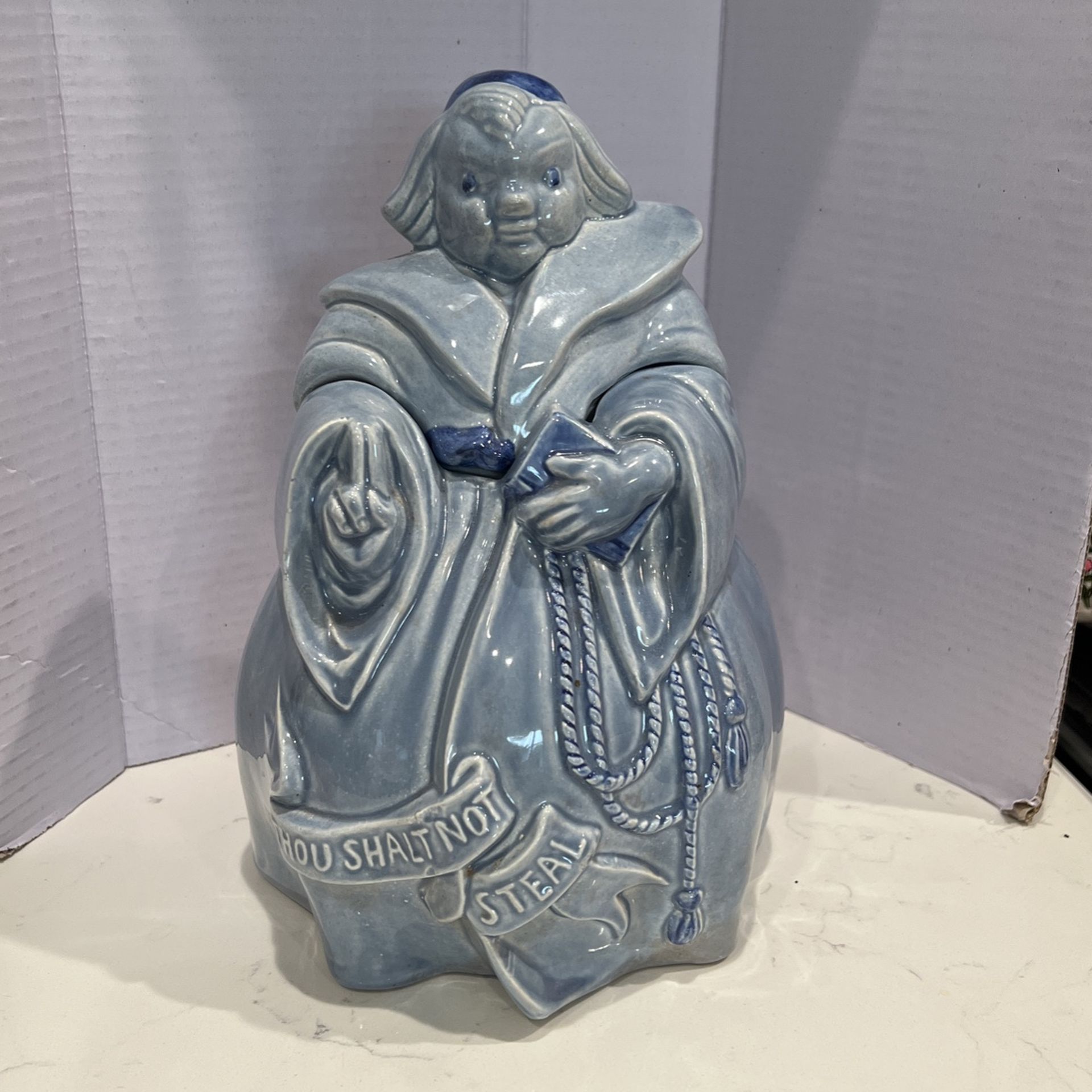 Redwing Pottery Blue Friar Tuck Monk Antique Cookie Jar THOU SHALT NOT STEAL
