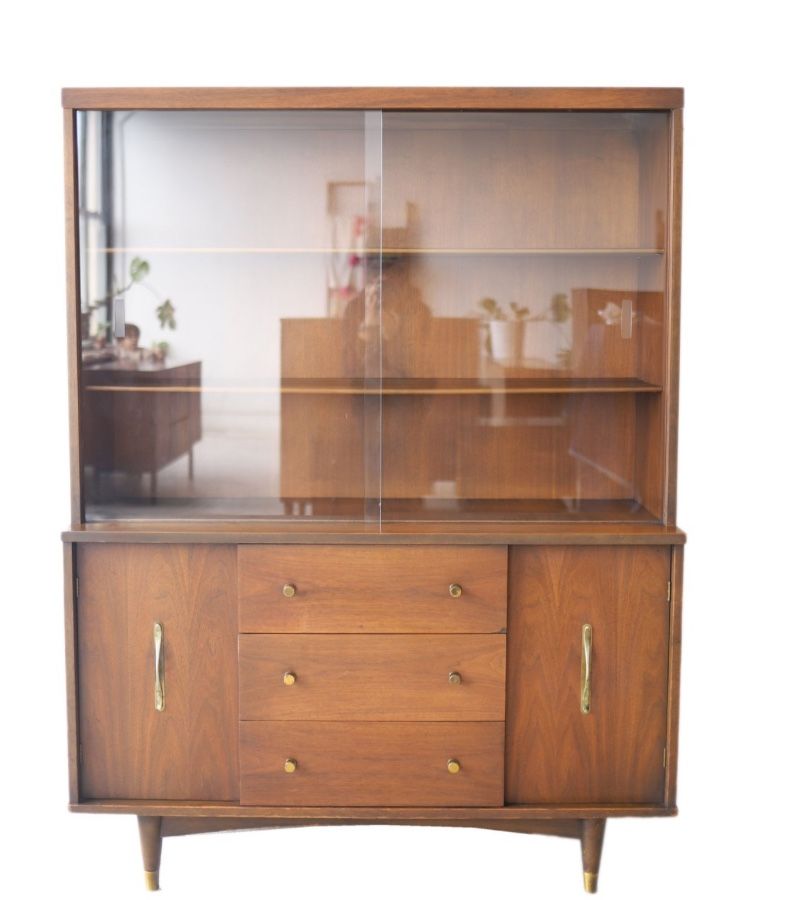 Mid Century Walnut Hutch With Glass Doors