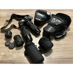 Vtg Canon T-70 AE 35mm Camera Lot With 4 Lenses Attachment, Teleconverter & Bags