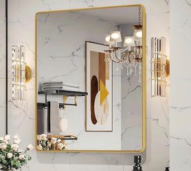 Gold Framed Mirrors For Bathroom,24 X 36 Inch Rounded Conner Rectangle Mirror For Wall, Matte Gold Vanity Mirror With Tempered Glass,Anti-Rust,Hangs H