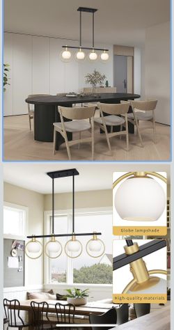 Gold Black Modern Chandelier 4-Light Linear Chandeliers Mid Century Light Fixture with Milk Glass Globe Shade Kitchen Island Dining Room Farmhouse Han