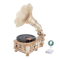 ROKR 3D Wooden Puzzle for Adults Model Kits Antique Decoration for Home Best Gift Classic Gramophone LKB01(Electric Version)