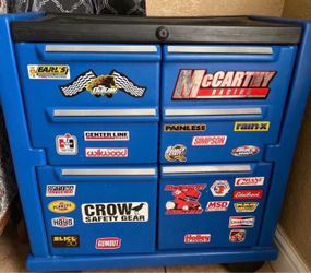 Blue Tool Chest with Racing Stickers