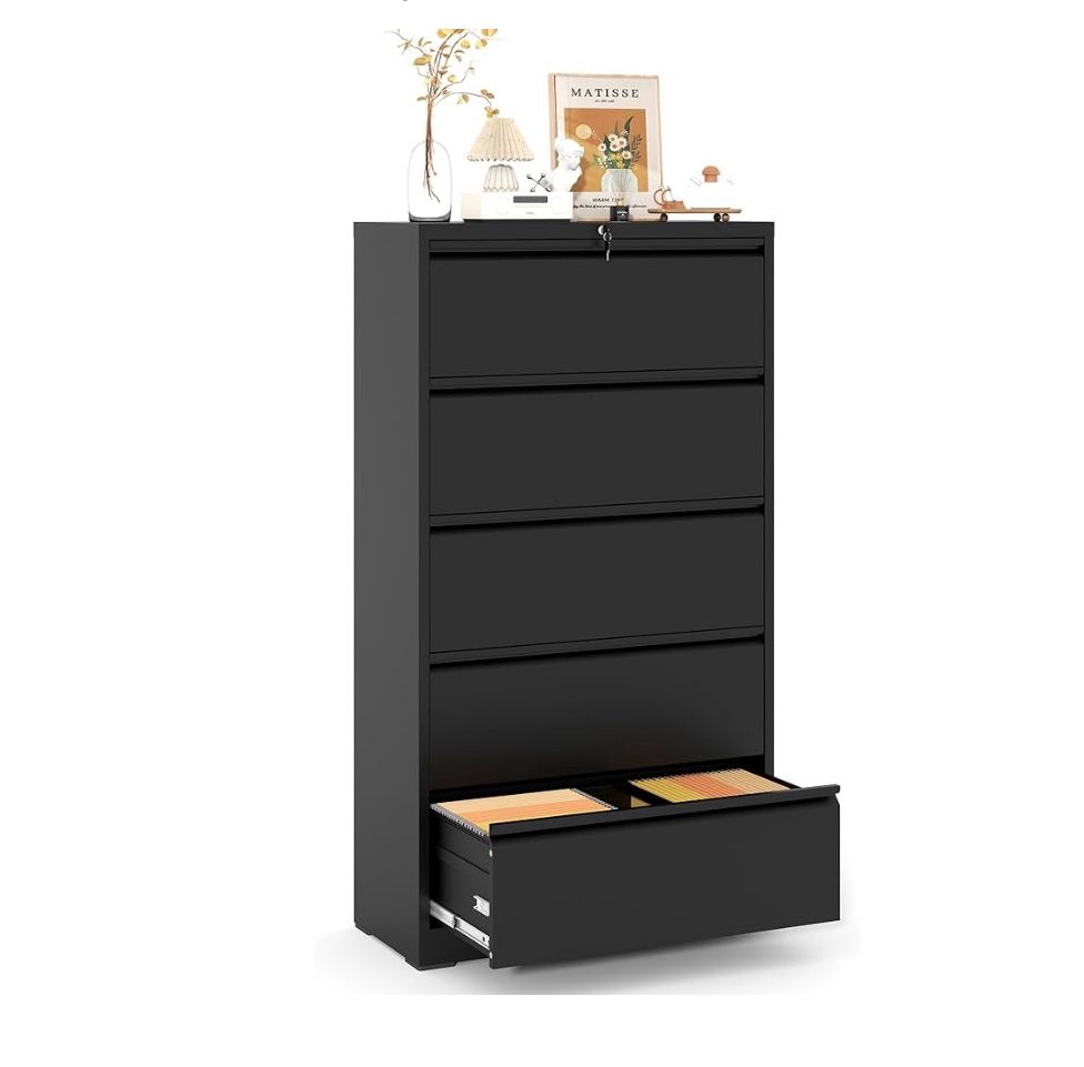 V-Lateral File Cabinet with Lock,5 Drawer Metal Filing Cabinets, Home Office Storage Cabinet for Hanging Files Letter/Legal/F4/A4 (Black)