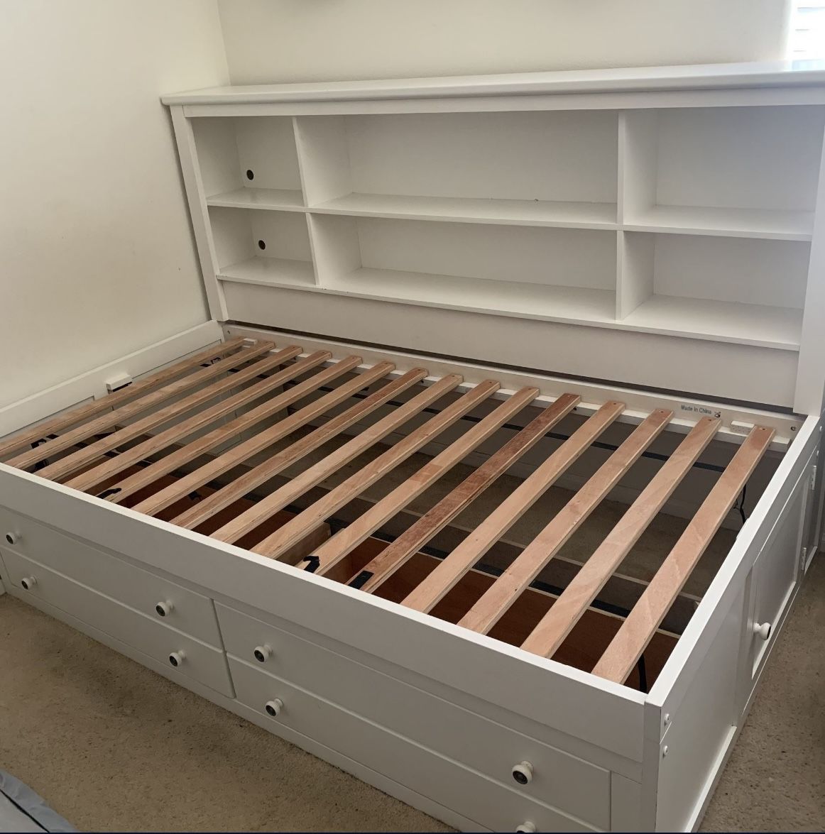 White Twin Bed with Drawers and Bookshelf – Great Condition!