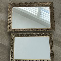 Vintage Gold Metal Filigree Rectangular Mirror Mirrored Vanity Tray READ