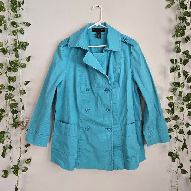 Vintage Venezia Womens 18/20 Blue Double Breasted Trench Coat Mid Length Stretch 