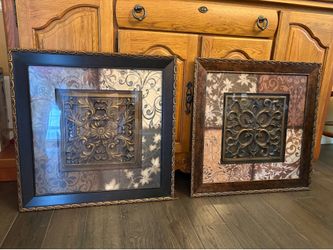 Two blue and beige prints