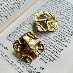 Vintage Luciani Gold Plated Textured Silvertone accents Statement square Earring