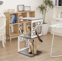 NEW IN BOX Max & Marlow Multi-Level Contemporary Cat Tree 31" | Features 2 Sisal-Covered Scratching Posts & Hanging Toy | Modern Cat Condo Design, Gra