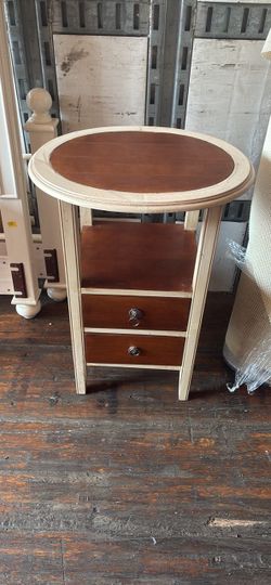 Round Wood Side Table with Two Drawers