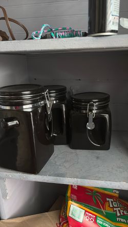 3 Black Square Ceramic Canisters with Clamp Lids