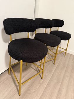 Set of 3 Black Boucle Bar Stools with Gold Legs