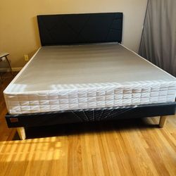 Dark Grey Queen Bed Frame with Charging Station, Upholstered Platform Bed with Wingback Storage Headboard And Bed Box