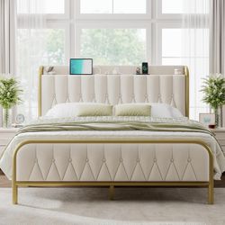 King Size Leather Bed Frame W/ Fast Charging Station
