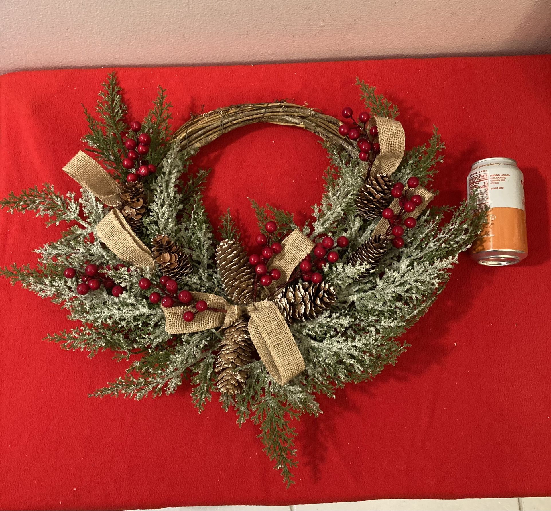 NEW 22” x 17” Grapevine Christmas Wreath w/ Flocked Greenery Pinecones & Red Berries