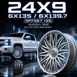 🔥 24x9 6x135 / 6x139.7 MASSIV 928 SILVER AND BRUSHED Wheels 🔥