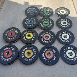 Valor Fitness 390LB Colored Bumper Plate Set and bumper storage