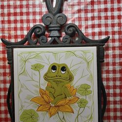Vintage Neal The Frog Cast Iron Ceramic Tile Trivet