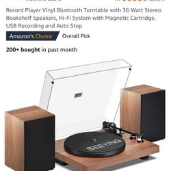 Record Player Vinyl Bluetooth Turntable with 36 Watt Stereo Bookshelf Speakers, Hi-Fi System with Magnetic Cartridge, USB Recording and Auto Stop