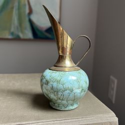 Small Mid Century Delft Holland HandPainted Porcelain & Brass Vase ( firm on price ) 