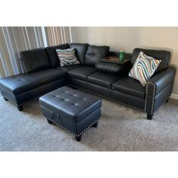 Black Faux Leather Synthetic Leather 3-Piece Sectional Sofa Set
